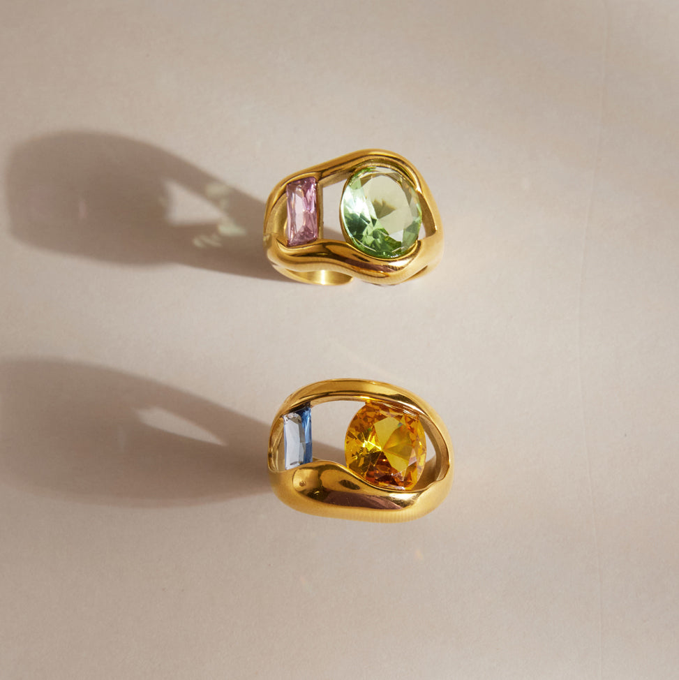 Ladies' Style - Classic Style / 18K Gold Stainless Steel + Zirconium / Yellow and Blue Zirconium Wide Face Hollowed-out Large Zirconium Opening Ring