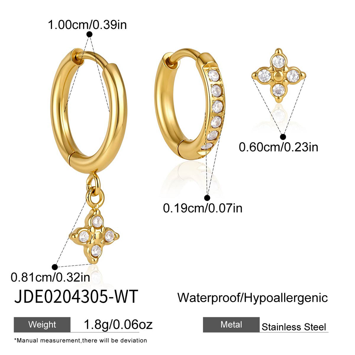 J&D Jewelry Sweet 3-Piece White Zirconia Clover Earring Set 18K Gold PVD Stainless Steel Waterproof Jewelry for Women