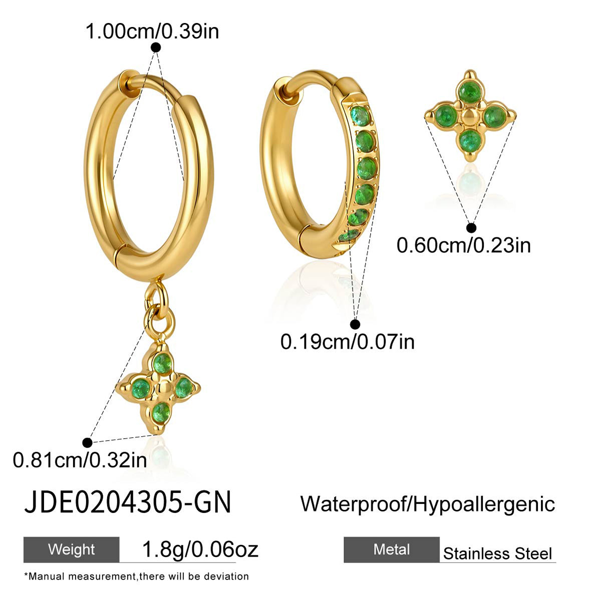 J&D Jewelry Sweet 3-Piece White Zirconia Clover Earring Set 18K Gold PVD Stainless Steel Waterproof Jewelry for Women