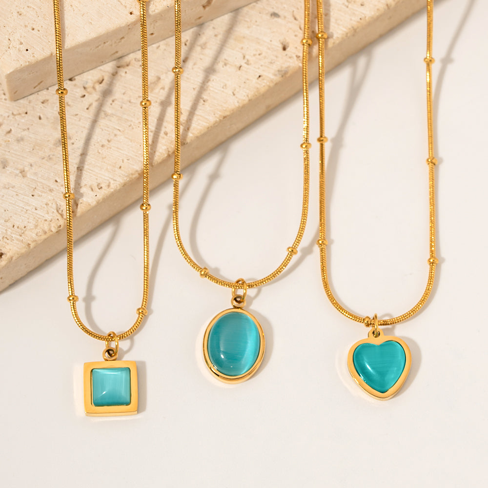 Charm 18K Gold Plated Stainless Steel Jewelry Gift Blue Cat Eye Natural Stone Oval Pendant Necklace Set