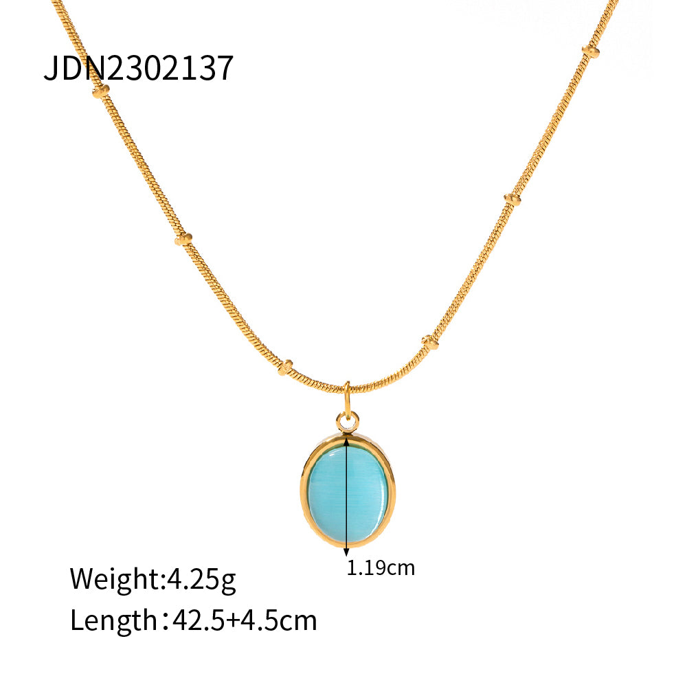Charm 18K Gold Plated Stainless Steel Jewelry Gift Blue Cat Eye Natural Stone Oval Pendant Necklace Set