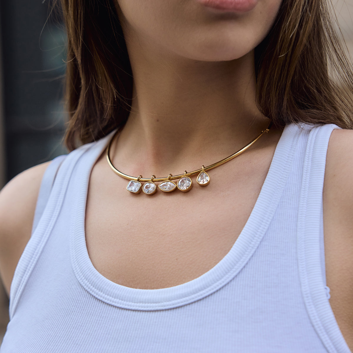 J&D Jewelry Rectangle Zirconia Pendant Neck Collar Necklace 18K Gold Plated Stainless Steel Waterproof Choker for Women Party