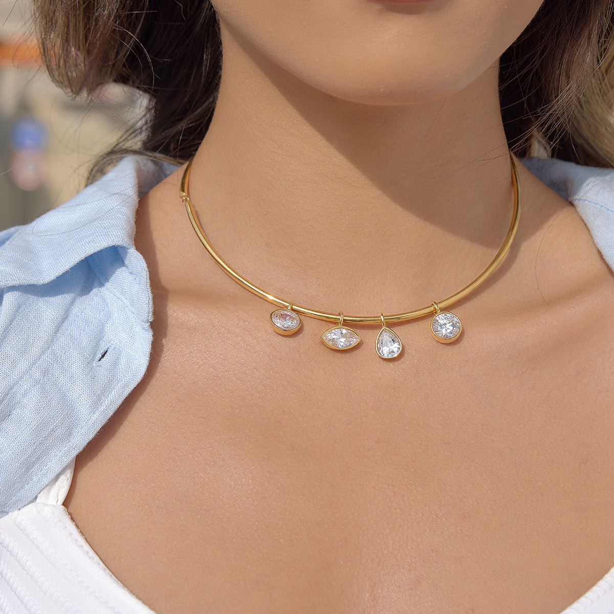 J&D Jewelry Rectangle Zirconia Pendant Neck Collar Necklace 18K Gold Plated Stainless Steel Waterproof Choker for Women Party
