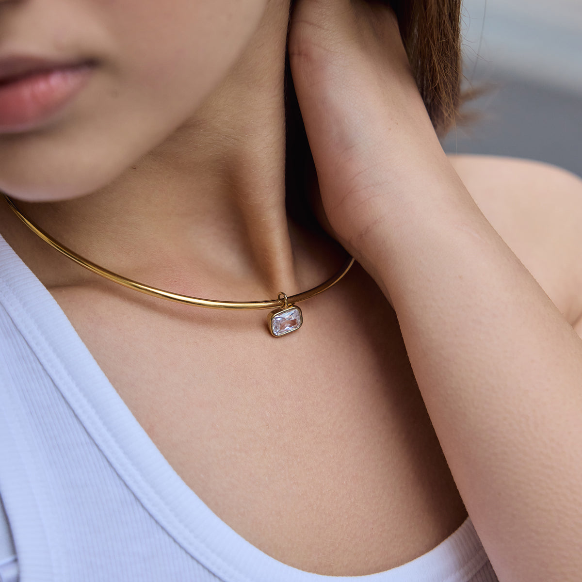 J&D Jewelry Rectangle Zirconia Pendant Neck Collar Necklace 18K Gold Plated Stainless Steel Waterproof Choker for Women Party