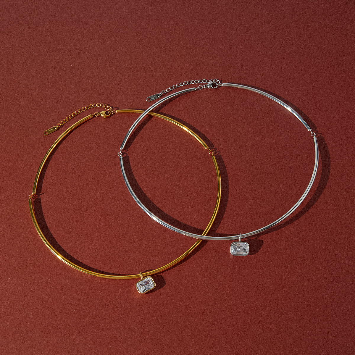 J&D Jewelry Rectangle Zirconia Pendant Neck Collar Necklace 18K Gold Plated Stainless Steel Waterproof Choker for Women Party