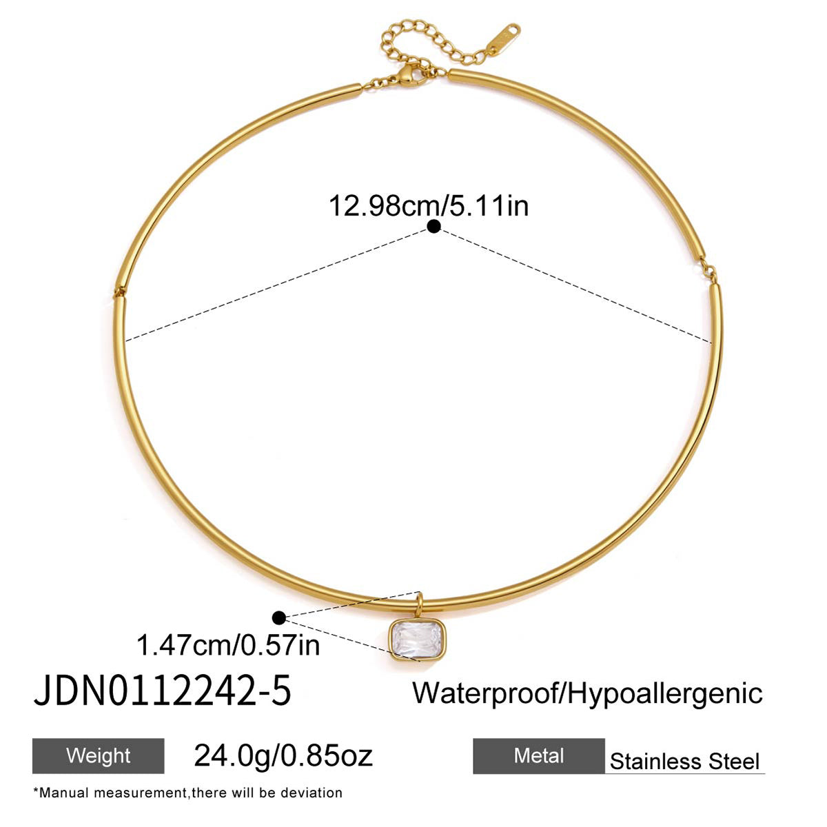 J&D Jewelry Rectangle Zirconia Pendant Neck Collar Necklace 18K Gold Plated Stainless Steel Waterproof Choker for Women Party