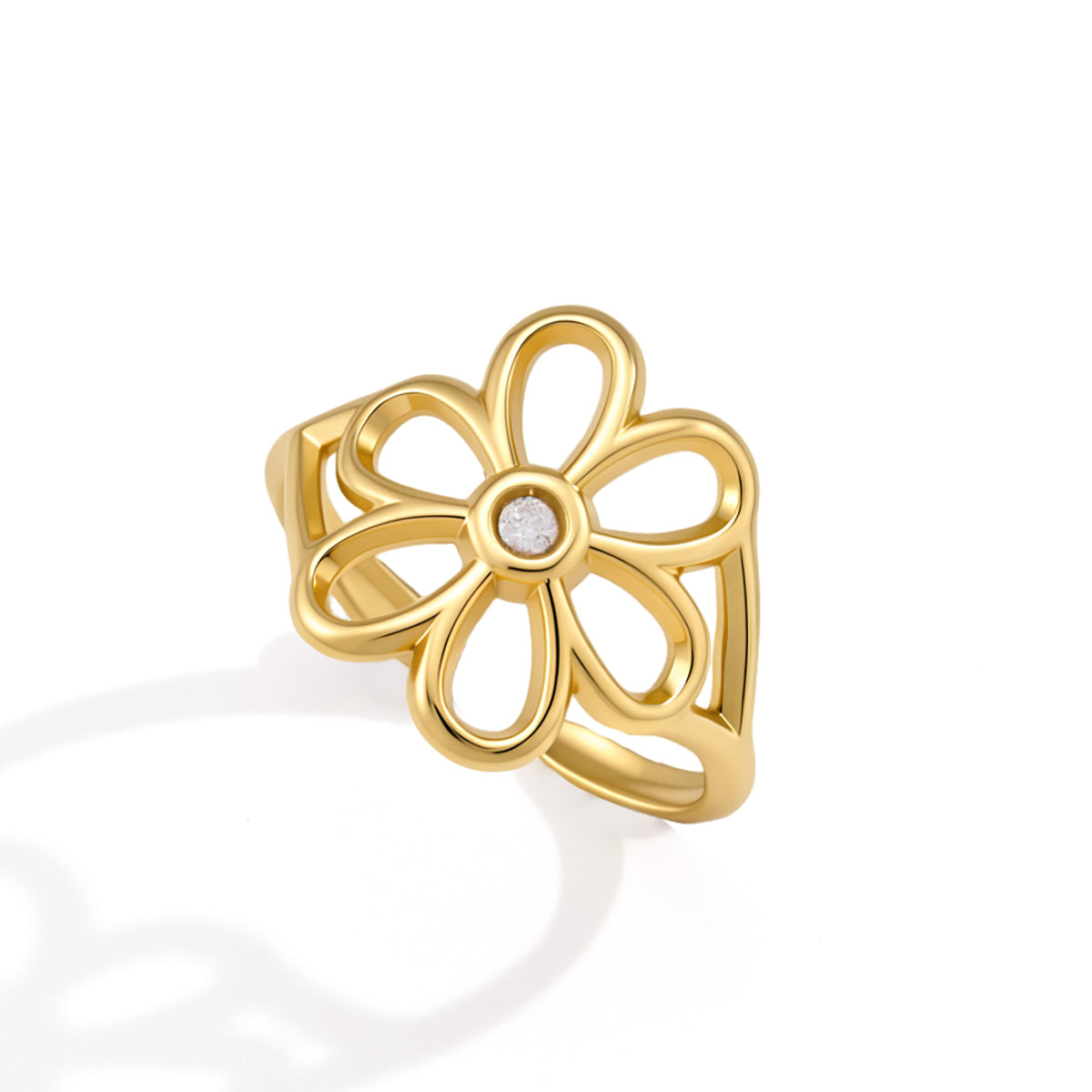 J&D Jewelry Sweet Flower Open Ring 18K Gold Plated Stainless Steel Zirconia Adjustable Floral Jewelry for Women