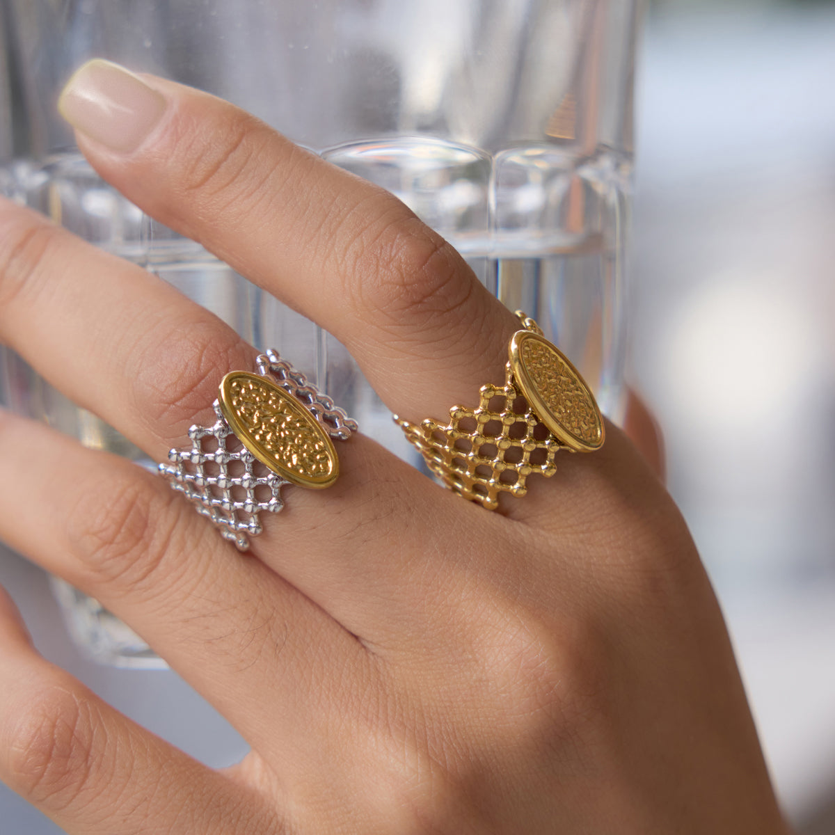 J&D Jewelry Hammered Texture Mesh Wide Open Ring 18K Gold Plated Stainless Steel Waterproof Statement Jewelry for Women