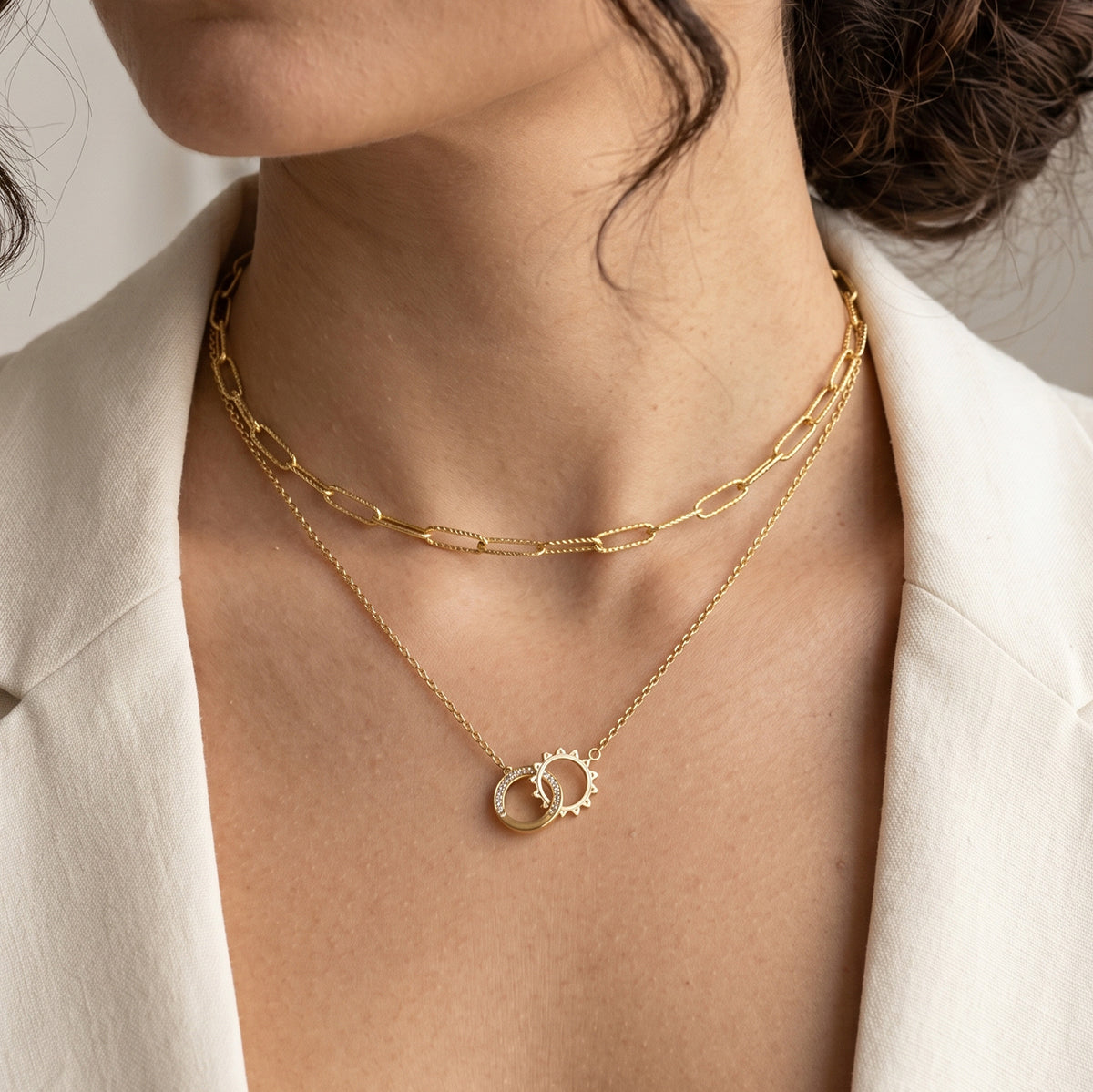 J&D Jewelry 18K Gold Plated Stainless Steel Interlocking Double Ring Sun Necklace Waterproof Rhinestone Pendant for Women