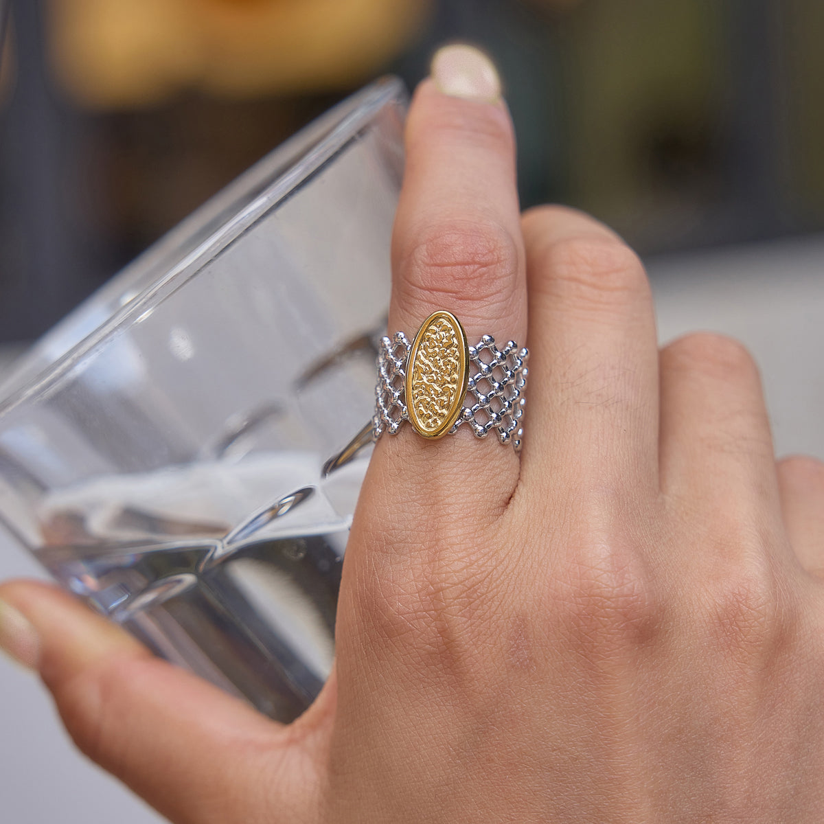 J&D Jewelry Hammered Texture Mesh Wide Open Ring 18K Gold Plated Stainless Steel Waterproof Statement Jewelry for Women