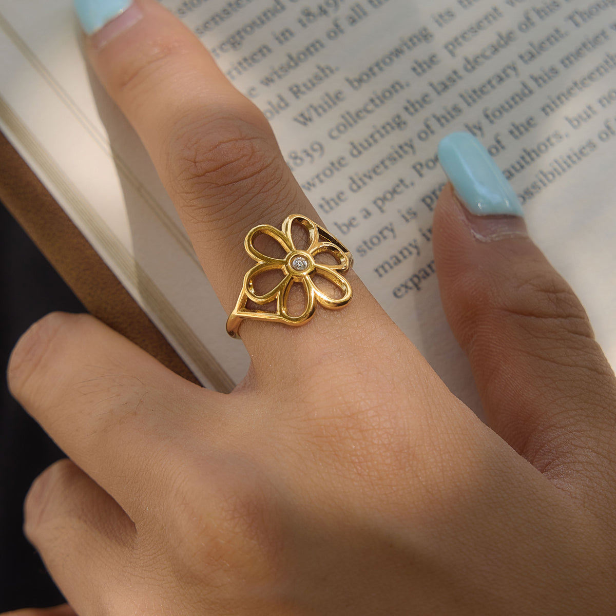 J&D Jewelry Sweet Flower Open Ring 18K Gold Plated Stainless Steel Zirconia Adjustable Floral Jewelry for Women