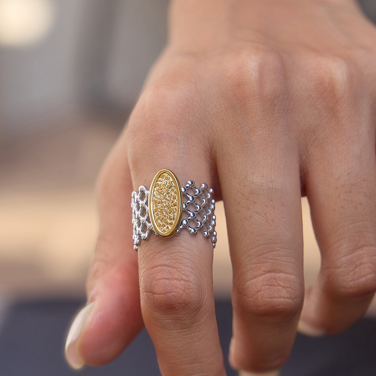 J&D Jewelry Hammered Texture Mesh Wide Open Ring 18K Gold Plated Stainless Steel Waterproof Statement Jewelry for Women