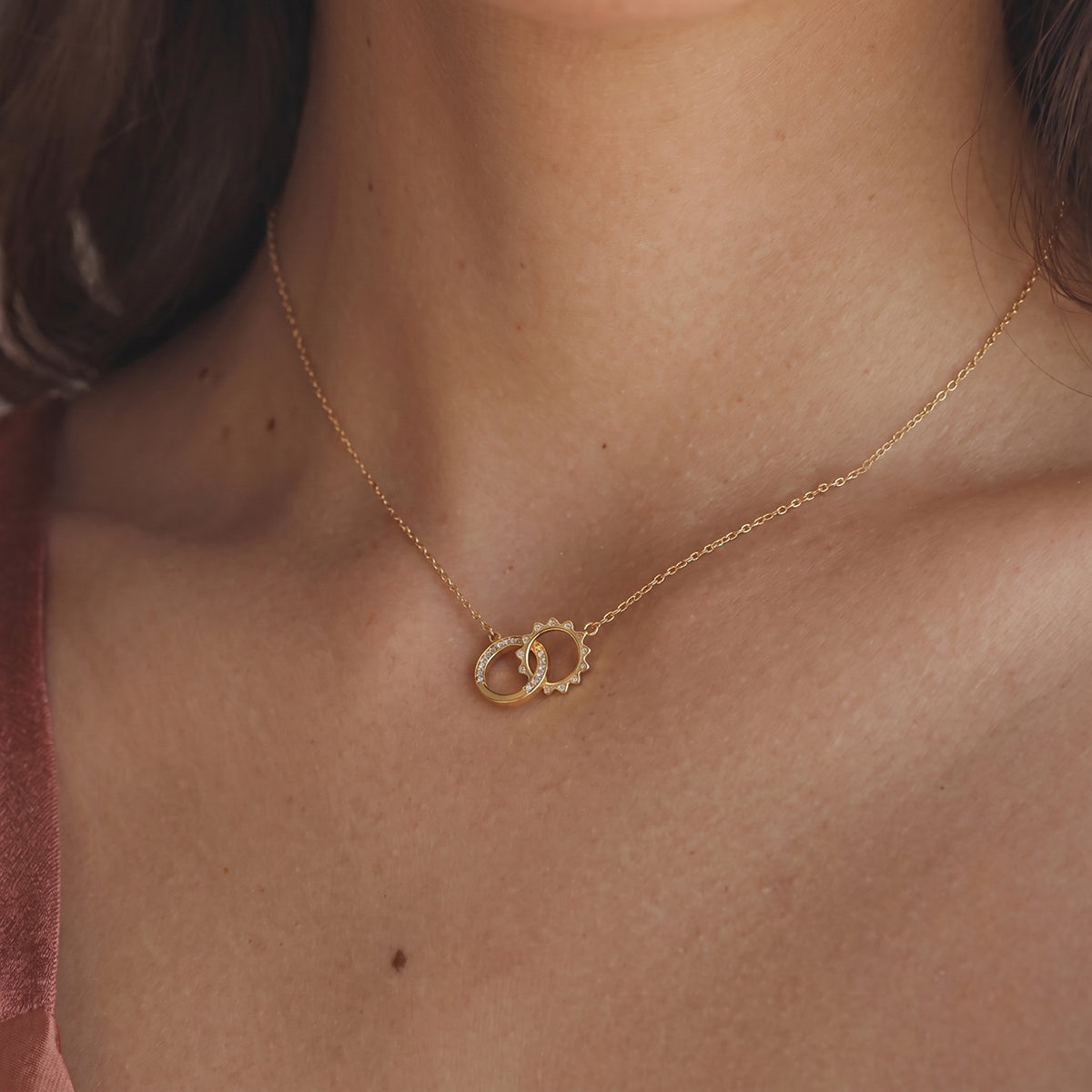 J&D Jewelry 18K Gold Plated Stainless Steel Interlocking Double Ring Sun Necklace Waterproof Rhinestone Pendant for Women