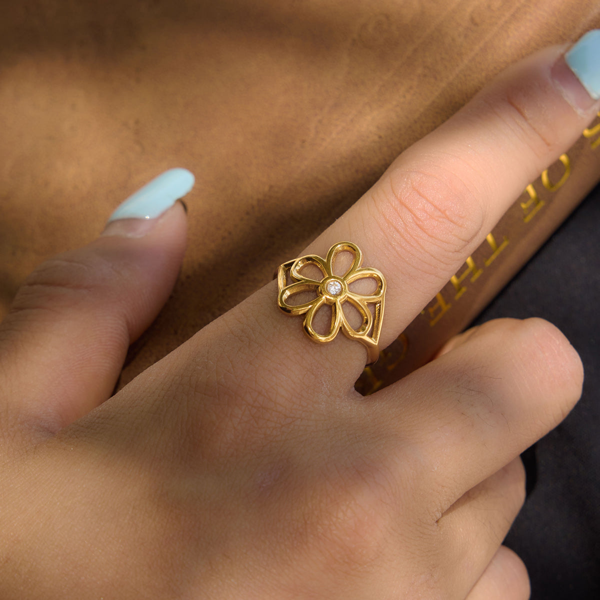 J&D Jewelry Sweet Flower Open Ring 18K Gold Plated Stainless Steel Zirconia Adjustable Floral Jewelry for Women