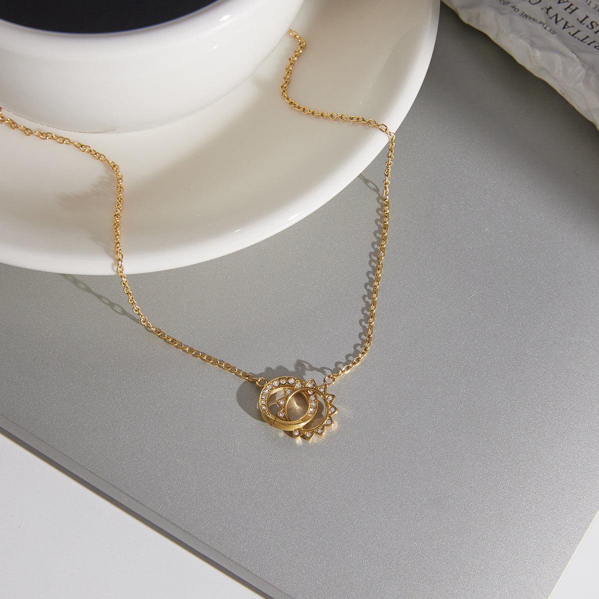 J&D Jewelry 18K Gold Plated Stainless Steel Interlocking Double Ring Sun Necklace Waterproof Rhinestone Pendant for Women