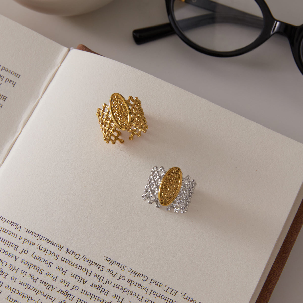 J&D Jewelry Hammered Texture Mesh Wide Open Ring 18K Gold Plated Stainless Steel Waterproof Statement Jewelry for Women