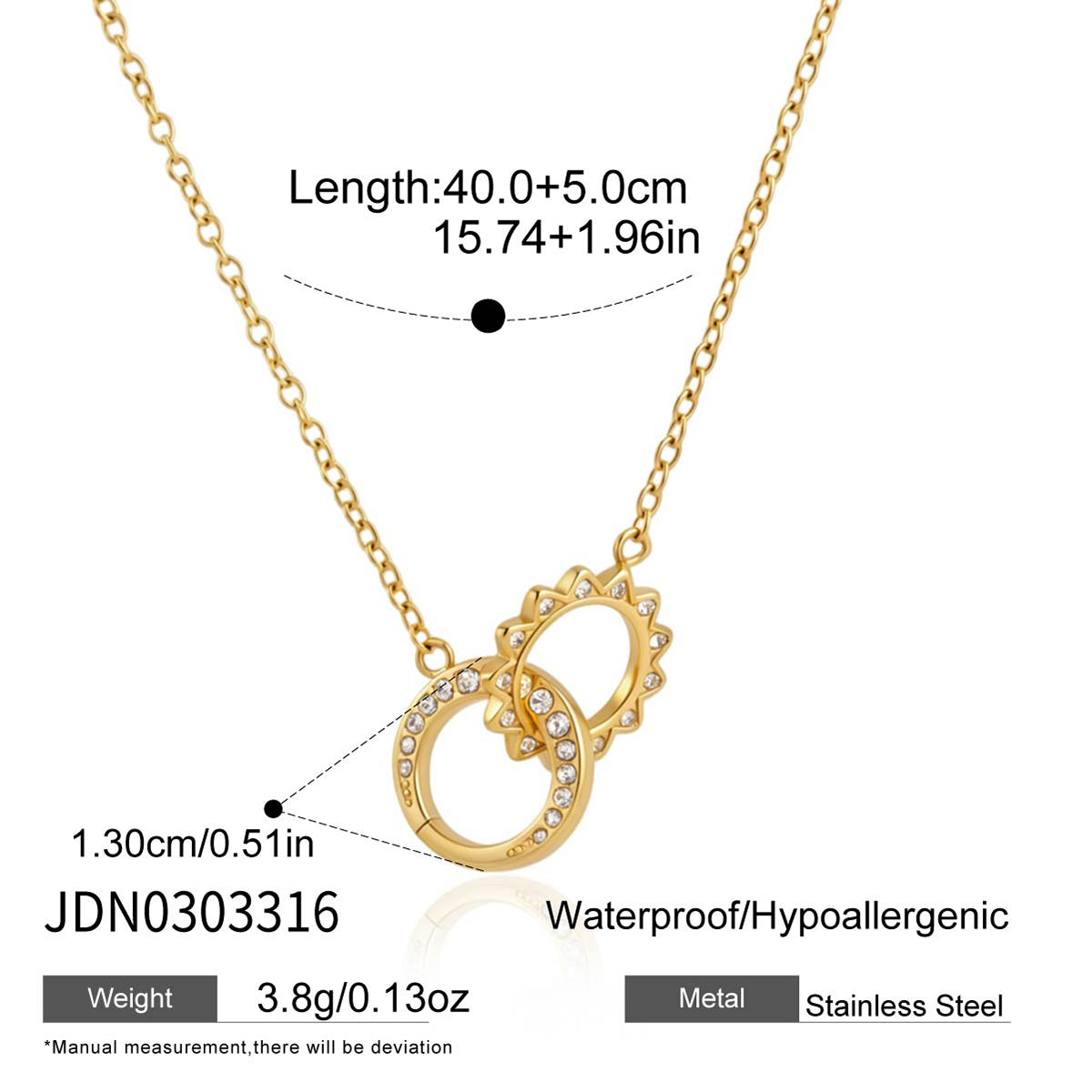 J&D Jewelry 18K Gold Plated Stainless Steel Interlocking Double Ring Sun Necklace Waterproof Rhinestone Pendant for Women