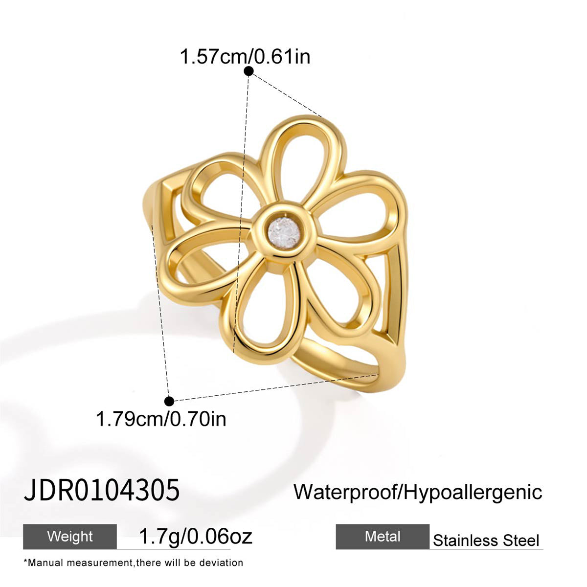 J&D Jewelry Sweet Flower Open Ring 18K Gold Plated Stainless Steel Zirconia Adjustable Floral Jewelry for Women