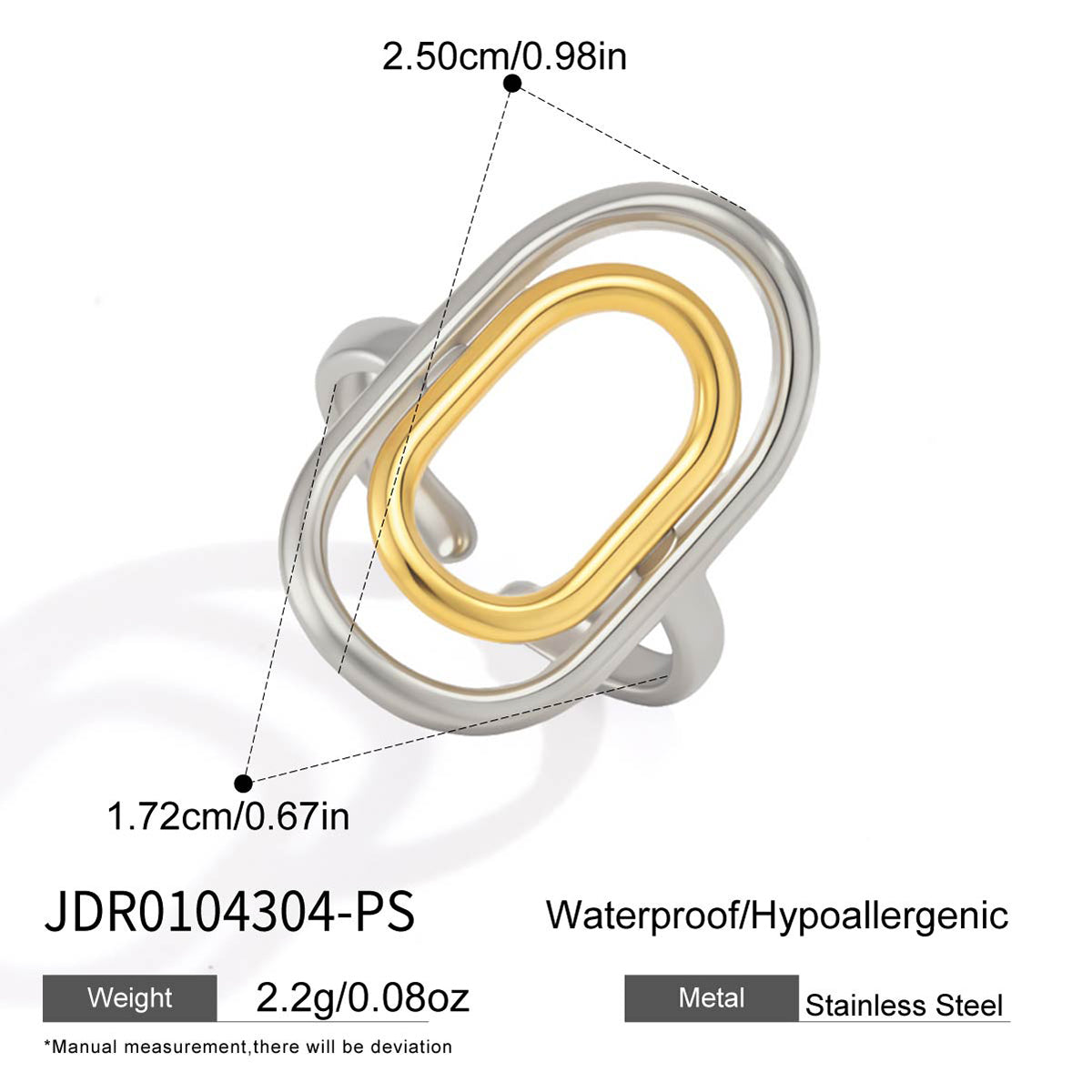 J&D Jewelry Two Tone Hollow Oval Open Ring Minimalist 18K Gold Plated Stainless Steel Adjustable Geometric Jewelry for Women