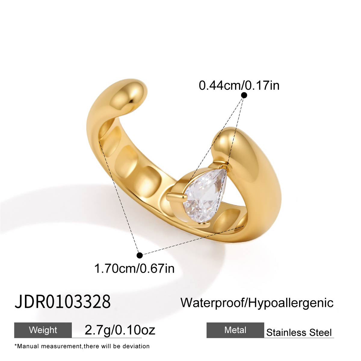 J&D Jewelry Teardrop Zirconia Adjustable Open Ring 18K Gold Plated Stainless Steel Waterproof Trendy Jewelry for Women Gift