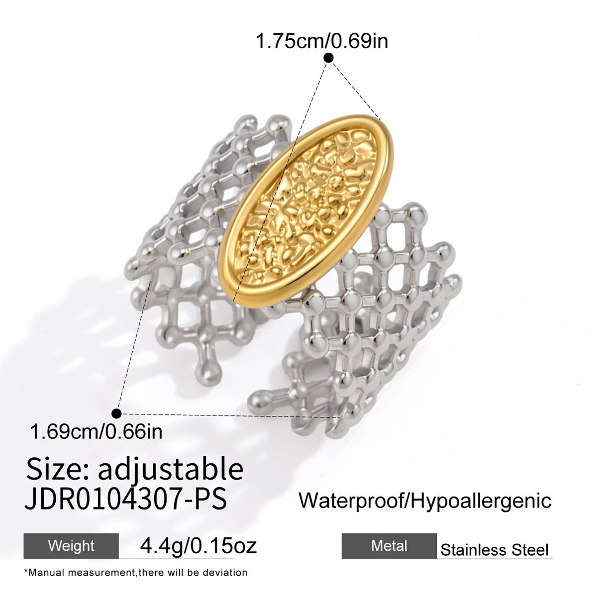 J&D Jewelry Hammered Texture Mesh Wide Open Ring 18K Gold Plated Stainless Steel Waterproof Statement Jewelry for Women