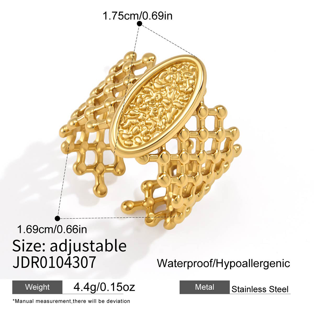 J&D Jewelry Hammered Texture Mesh Wide Open Ring 18K Gold Plated Stainless Steel Waterproof Statement Jewelry for Women