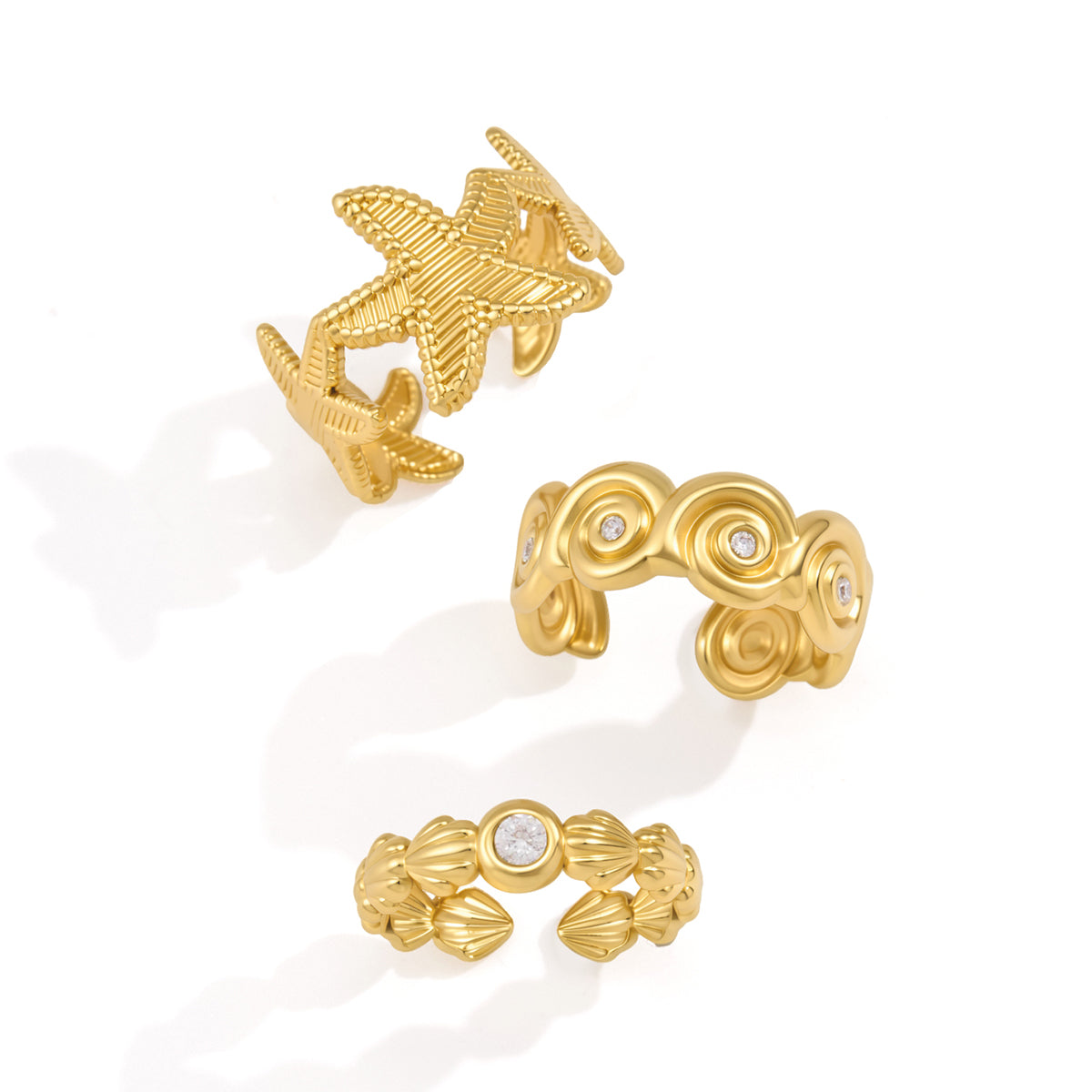 J&D Jewelry Ocean Style Spiral Zirconia Open Ring 18K Gold Plated Stainless Steel Waterproof Resort Jewelry for Women Gift