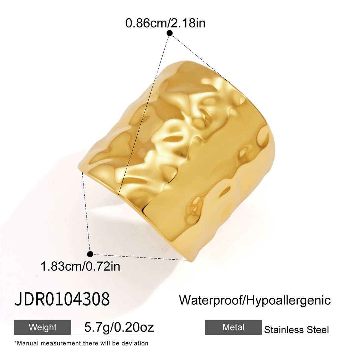 J&D Jewelry Hammered Texture Wide Open Ring 18K Gold Plated Stainless Steel Waterproof Minimalist Statement Jewelry for Women