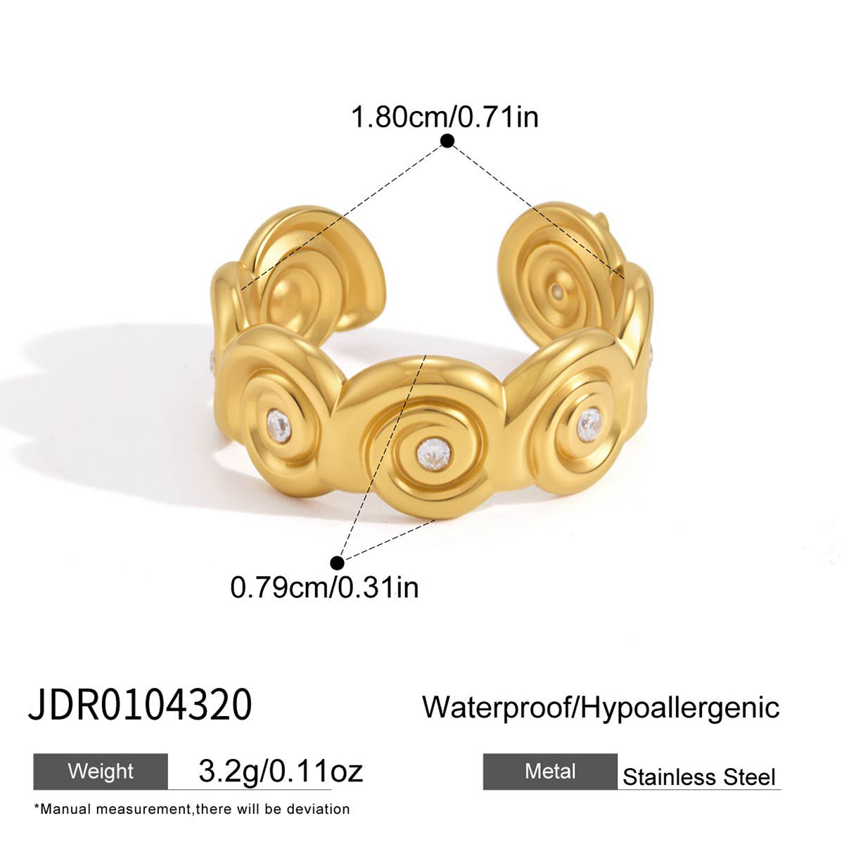 J&D Jewelry Ocean Style Spiral Zirconia Open Ring 18K Gold Plated Stainless Steel Waterproof Resort Jewelry for Women Gift
