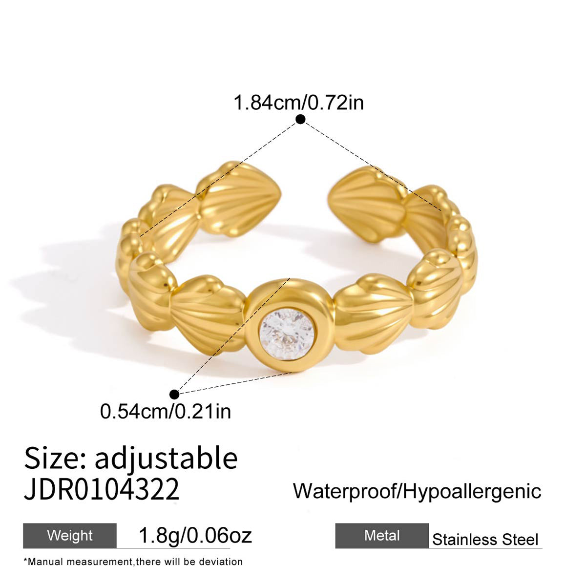 J&D Jewelry Ocean Style Spiral Zirconia Open Ring 18K Gold Plated Stainless Steel Waterproof Resort Jewelry for Women Gift