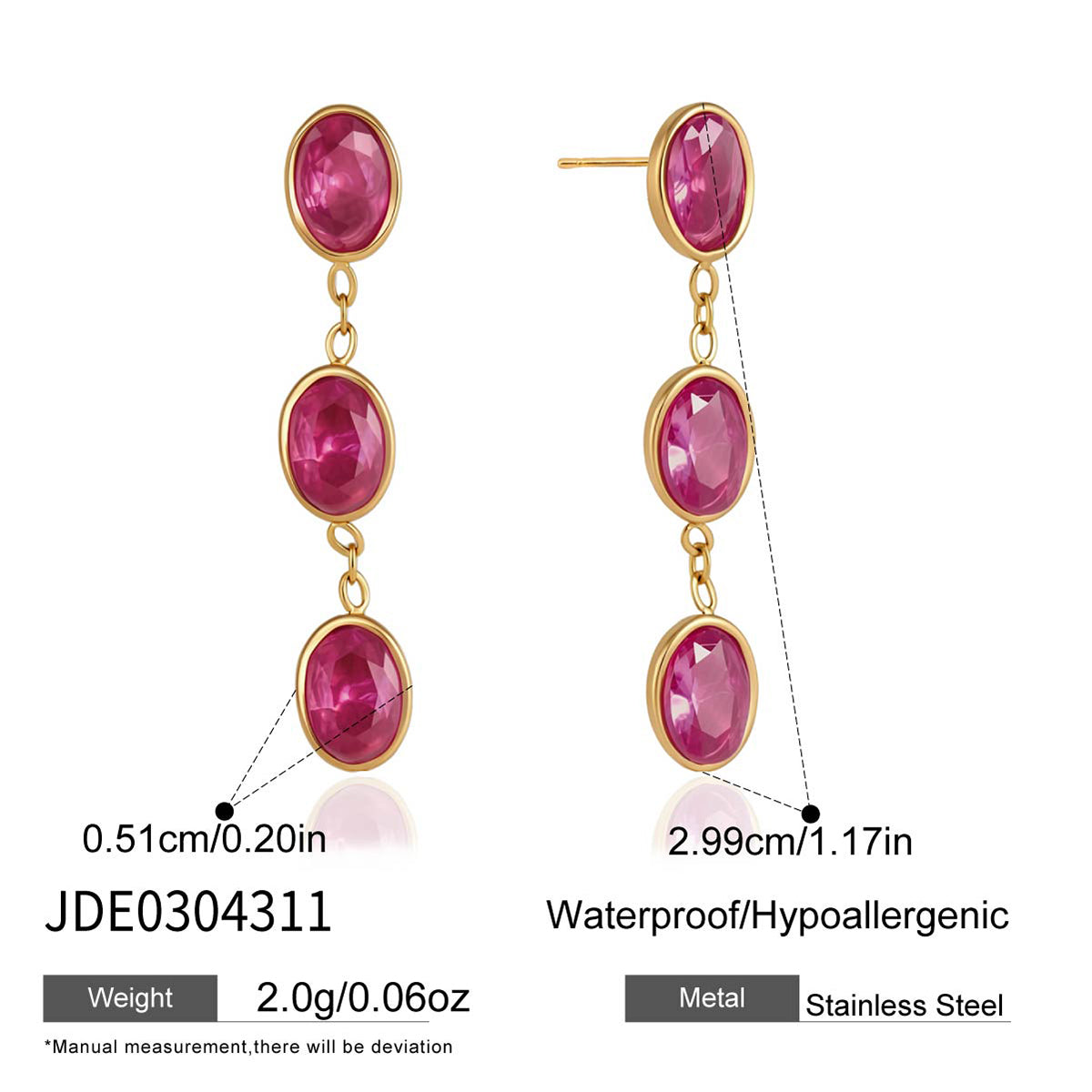 J&D Jewelry Pink Oval Zirconia Tassel Drop Earrings 18K Gold Plated Stainless Steel Waterproof Trendy Jewelry for Women Gift