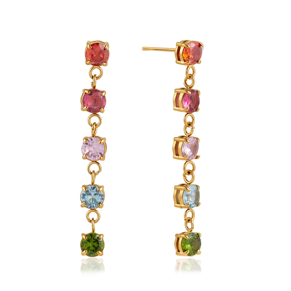 J&D Jewelry 18K Gold Plated Colorful Zirconia Drop Earrings Multi Color Linear Tassel Stainless Steel Waterproof for Women