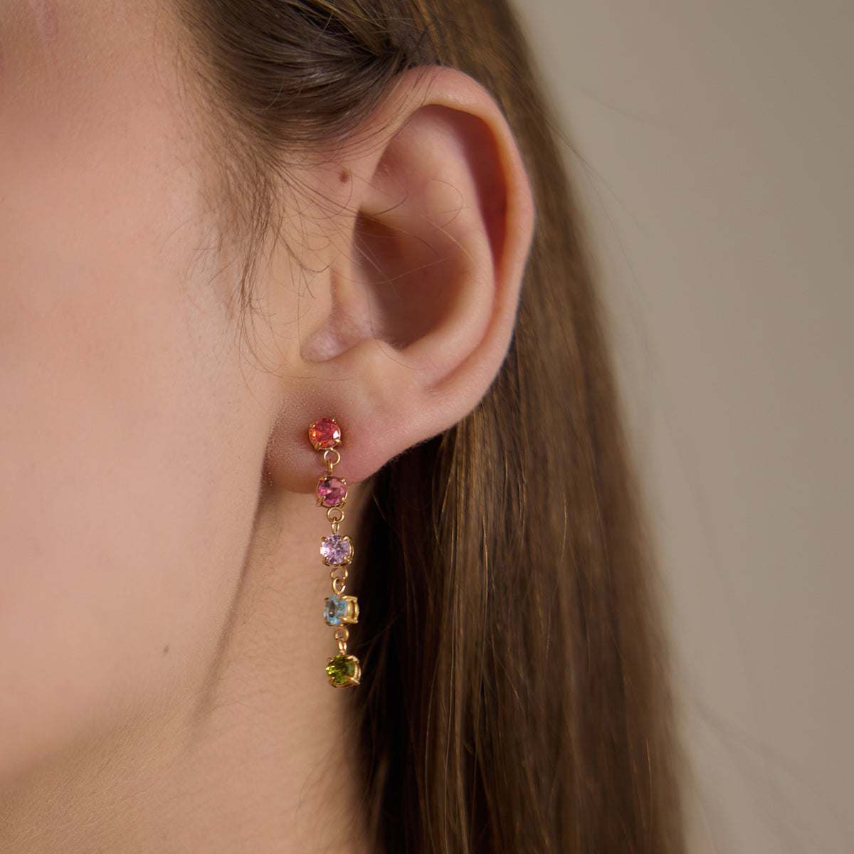 J&D Jewelry 18K Gold Plated Colorful Zirconia Drop Earrings Multi Color Linear Tassel Stainless Steel Waterproof for Women