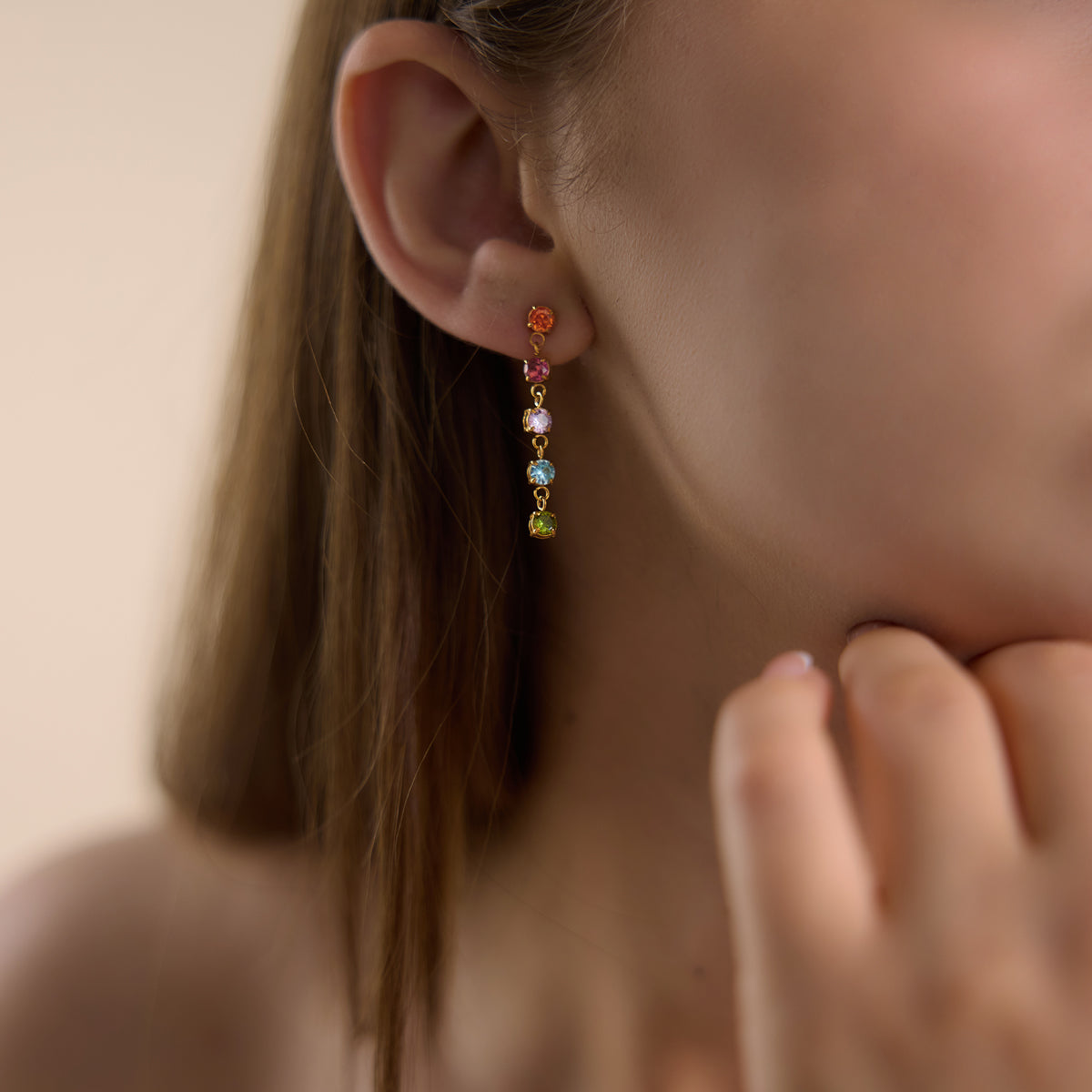 J&D Jewelry 18K Gold Plated Colorful Zirconia Drop Earrings Multi Color Linear Tassel Stainless Steel Waterproof for Women