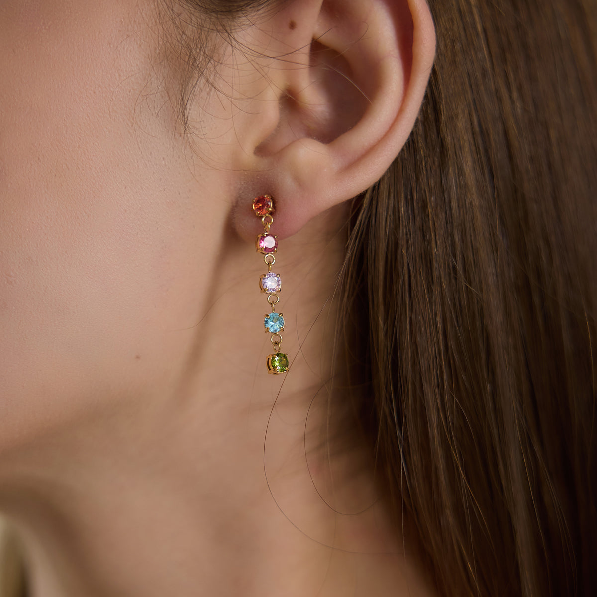 J&D Jewelry 18K Gold Plated Colorful Zirconia Drop Earrings Multi Color Linear Tassel Stainless Steel Waterproof for Women