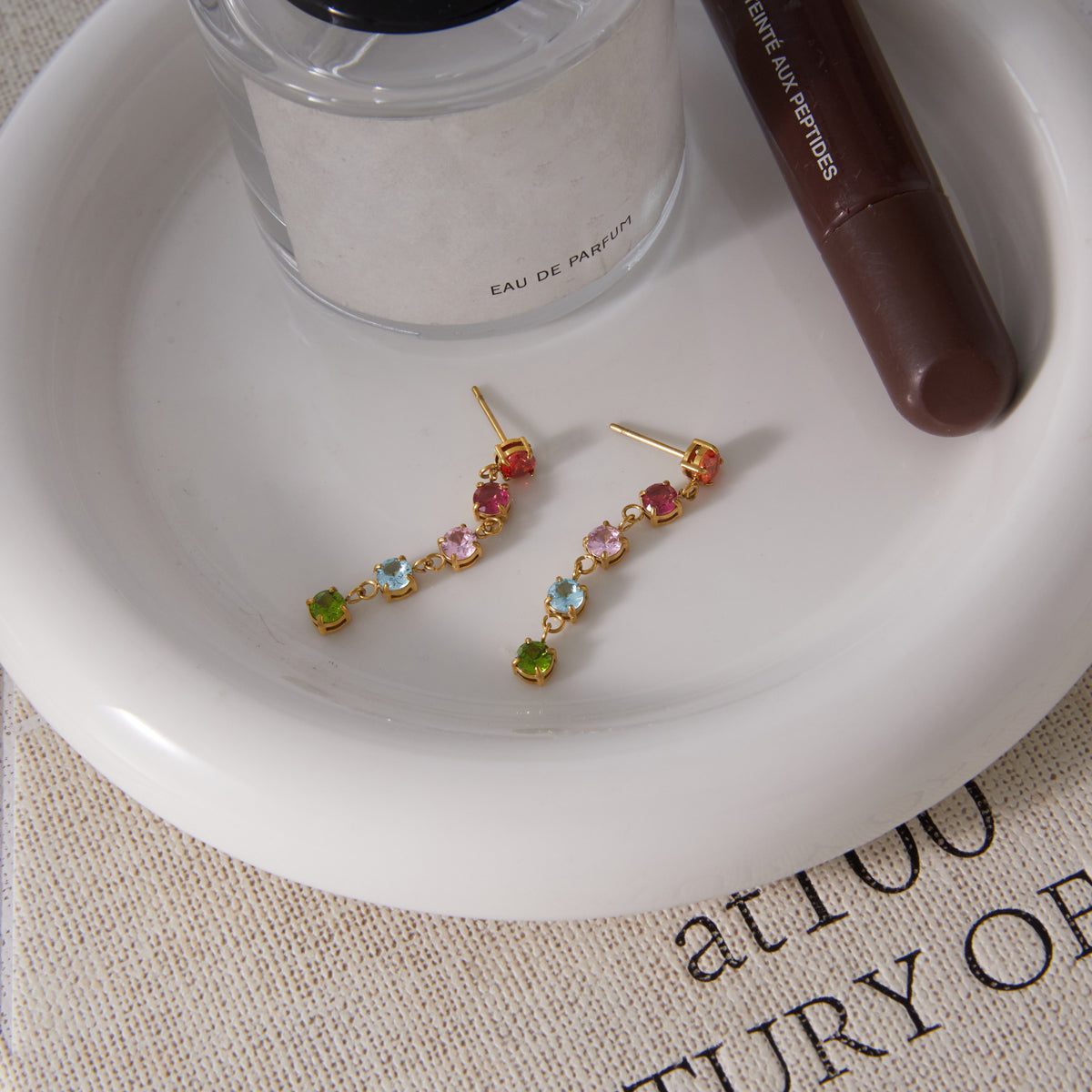 J&D Jewelry 18K Gold Plated Colorful Zirconia Drop Earrings Multi Color Linear Tassel Stainless Steel Waterproof for Women