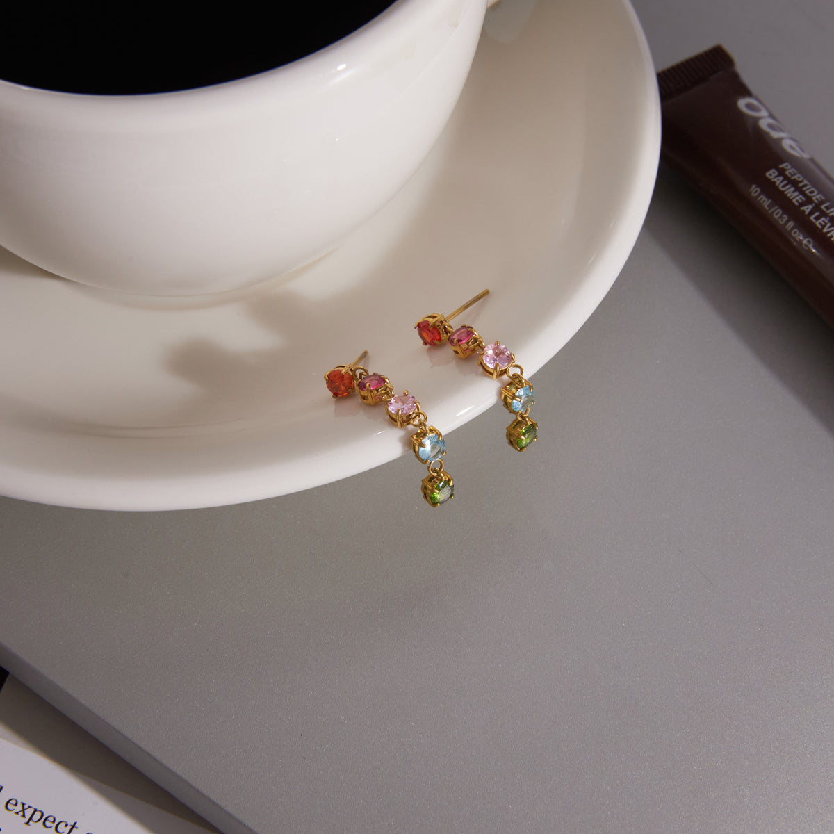 J&D Jewelry 18K Gold Plated Colorful Zirconia Drop Earrings Multi Color Linear Tassel Stainless Steel Waterproof for Women