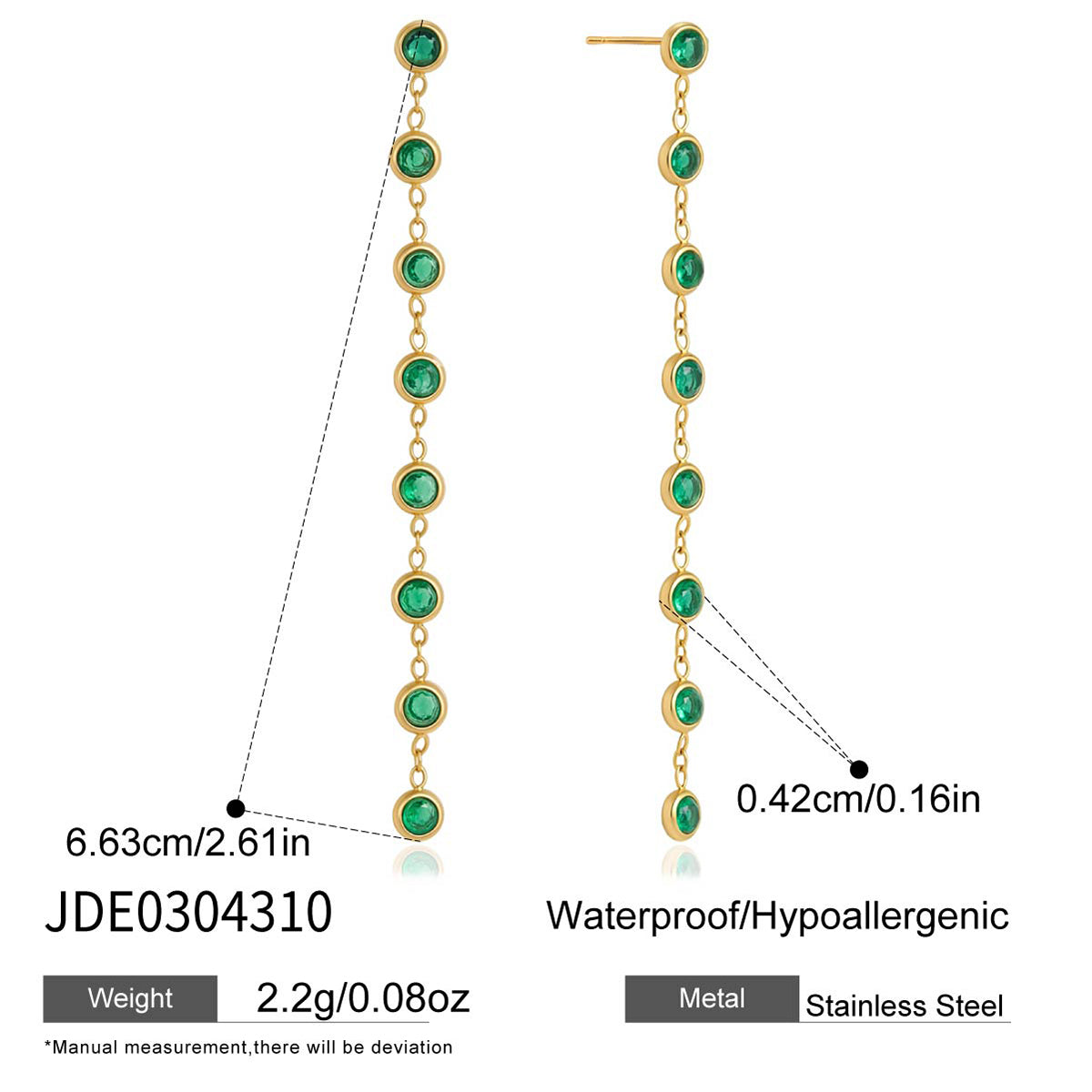 J&D Jewelry Green Round Zirconia Long Tassel Drop Earrings 18K Gold Plated Stainless Steel Waterproof Trendy Jewelry for Women