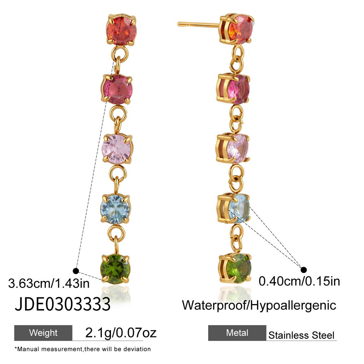 J&D Jewelry 18K Gold Plated Colorful Zirconia Drop Earrings Multi Color Linear Tassel Stainless Steel Waterproof for Women