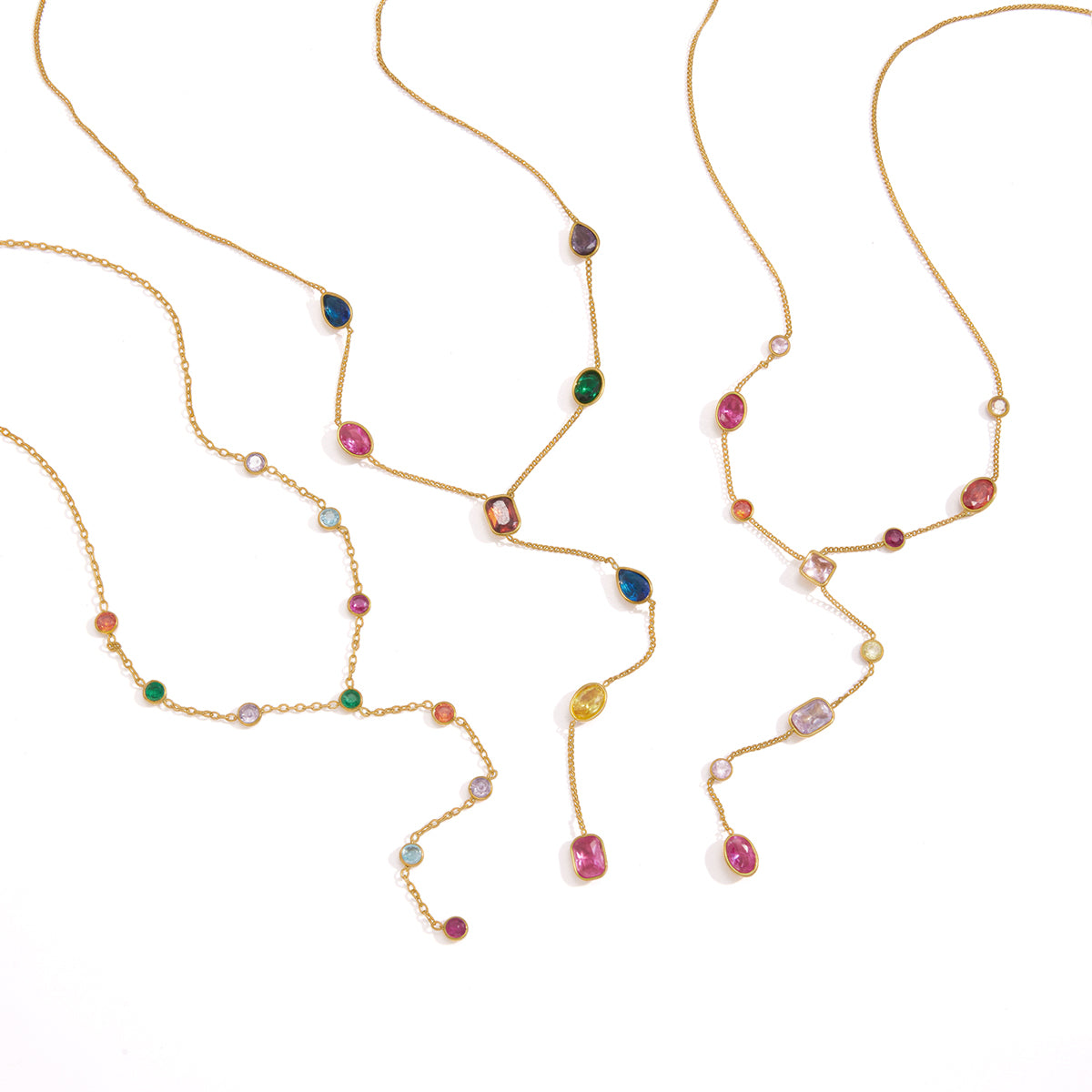 J&D Jewelry Colorful Geometric Zirconia Y-Shaped Necklace 18K Gold Plated Stainless Steel Waterproof Trendy Jewelry for Women