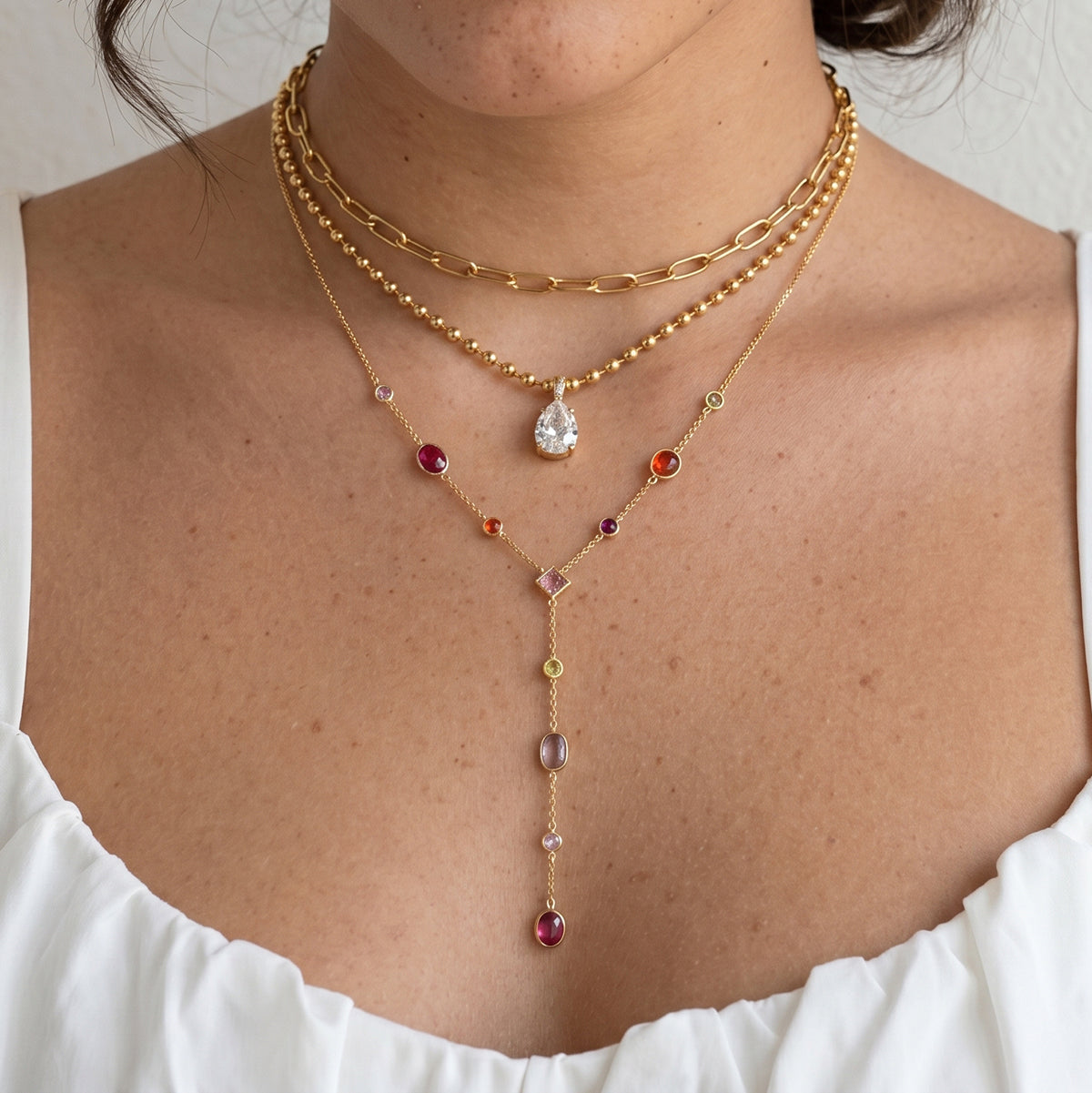 J&D Jewelry Colorful Geometric Zirconia Y-Shaped Necklace 18K Gold Plated Stainless Steel Waterproof Trendy Jewelry for Women