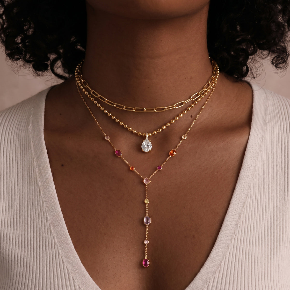 J&D Jewelry Colorful Geometric Zirconia Y-Shaped Necklace 18K Gold Plated Stainless Steel Waterproof Trendy Jewelry for Women