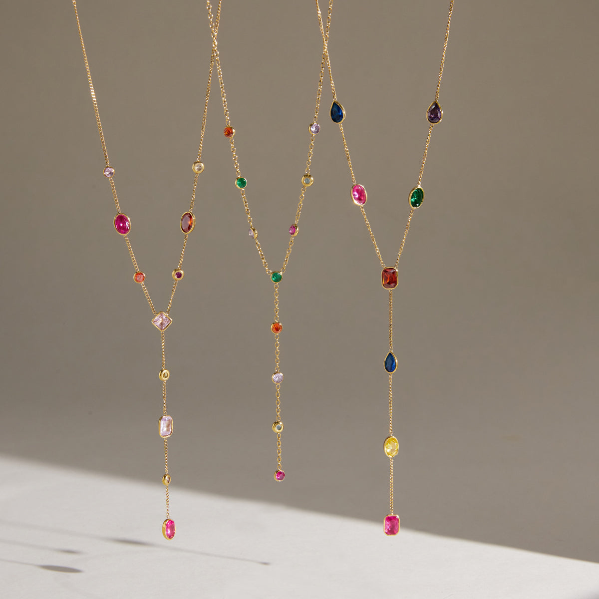 J&D Jewelry Colorful Geometric Zirconia Y-Shaped Necklace 18K Gold Plated Stainless Steel Waterproof Trendy Jewelry for Women