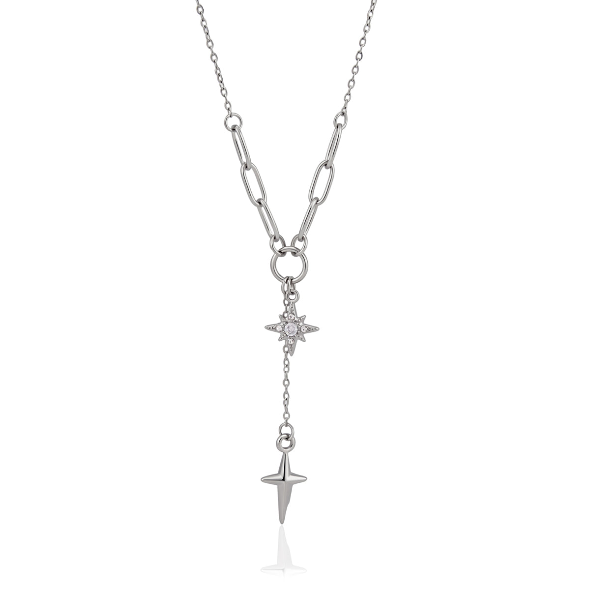 J&D Jewelry Stainless Steel North Star Necklace Sparkling Rhinestone Four Pointed Star Y Pendant Jewelry for Women Waterproof