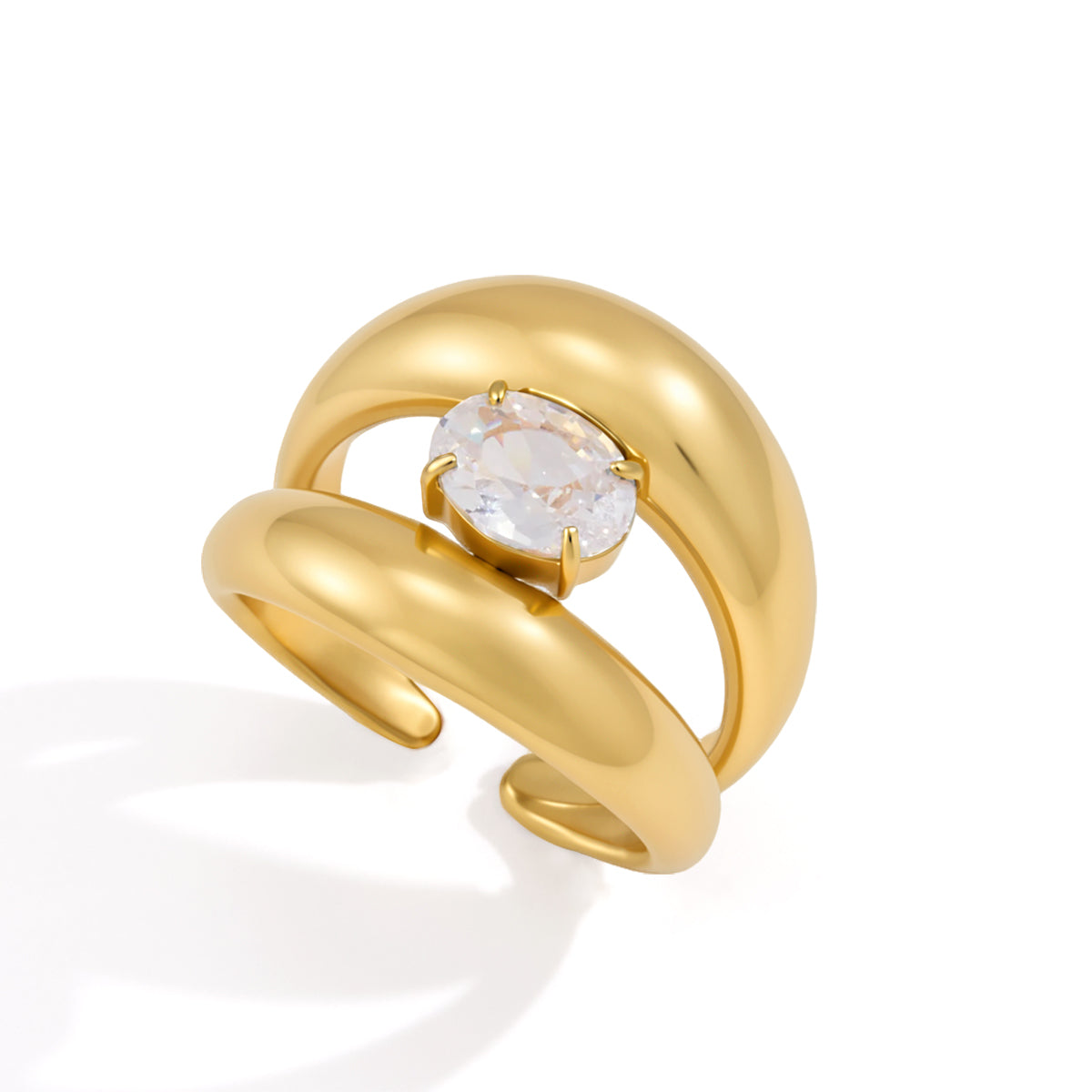 J&D Jewelry Oval Zirconia Double Layer Open Ring 18K Gold