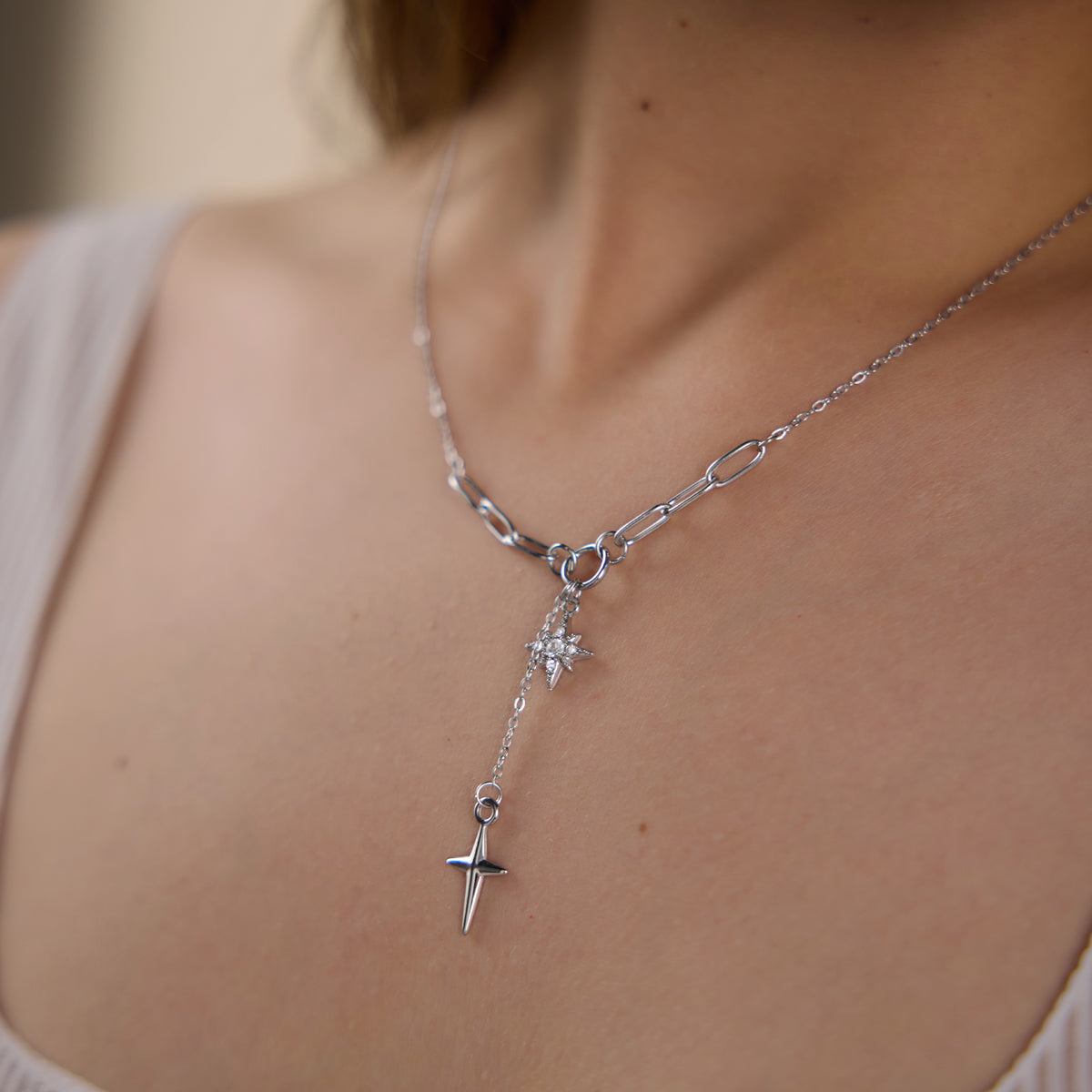 J&D Jewelry Stainless Steel North Star Necklace Sparkling Rhinestone Four Pointed Star Y Pendant Jewelry for Women Waterproof