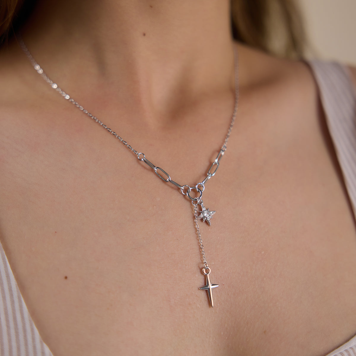 J&D Jewelry Stainless Steel North Star Necklace Sparkling Rhinestone Four Pointed Star Y Pendant Jewelry for Women Waterproof