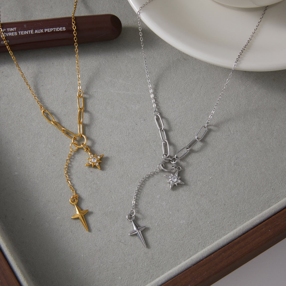 J&D Jewelry Stainless Steel North Star Necklace Sparkling Rhinestone Four Pointed Star Y Pendant Jewelry for Women Waterproof