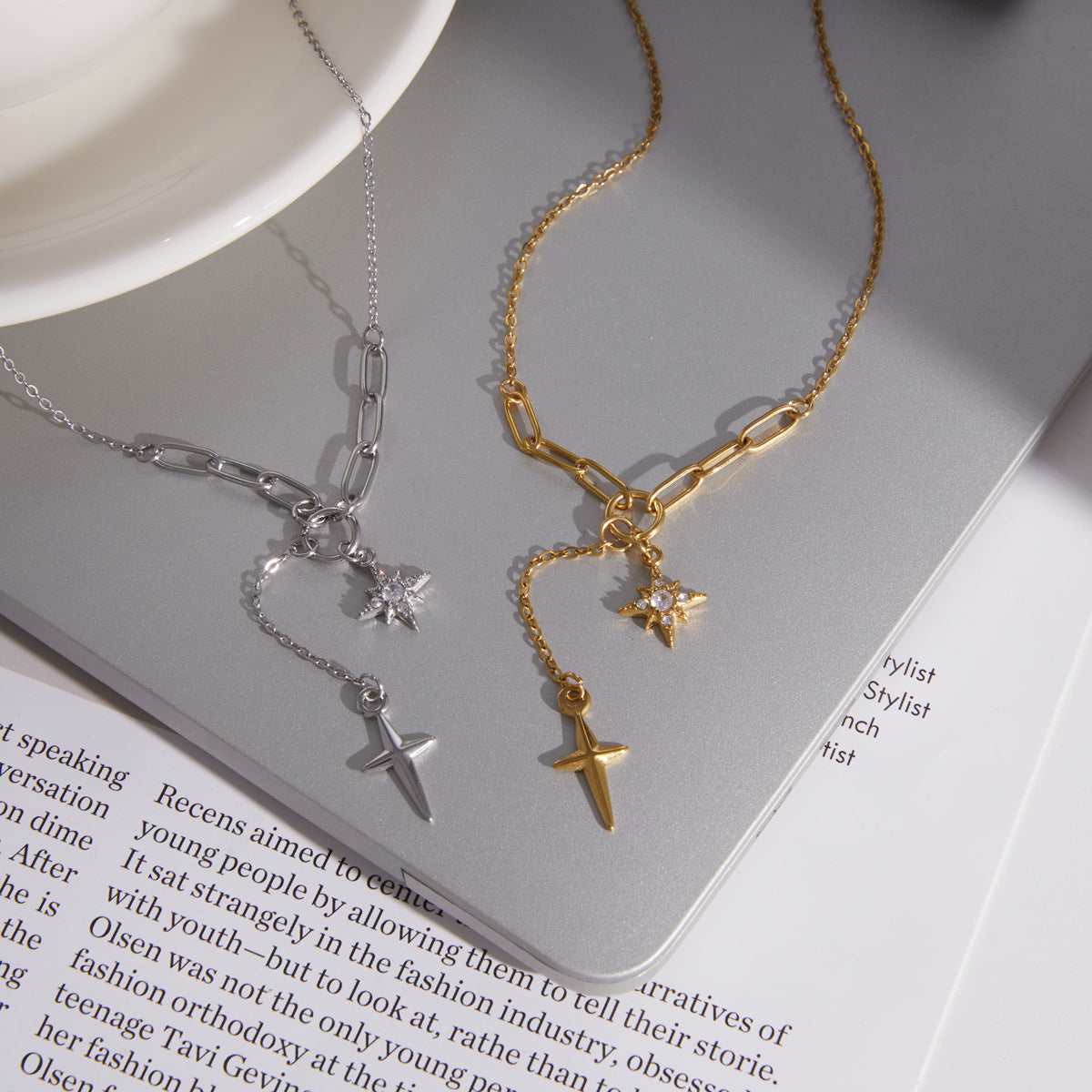J&D Jewelry Stainless Steel North Star Necklace Sparkling Rhinestone Four Pointed Star Y Pendant Jewelry for Women Waterproof