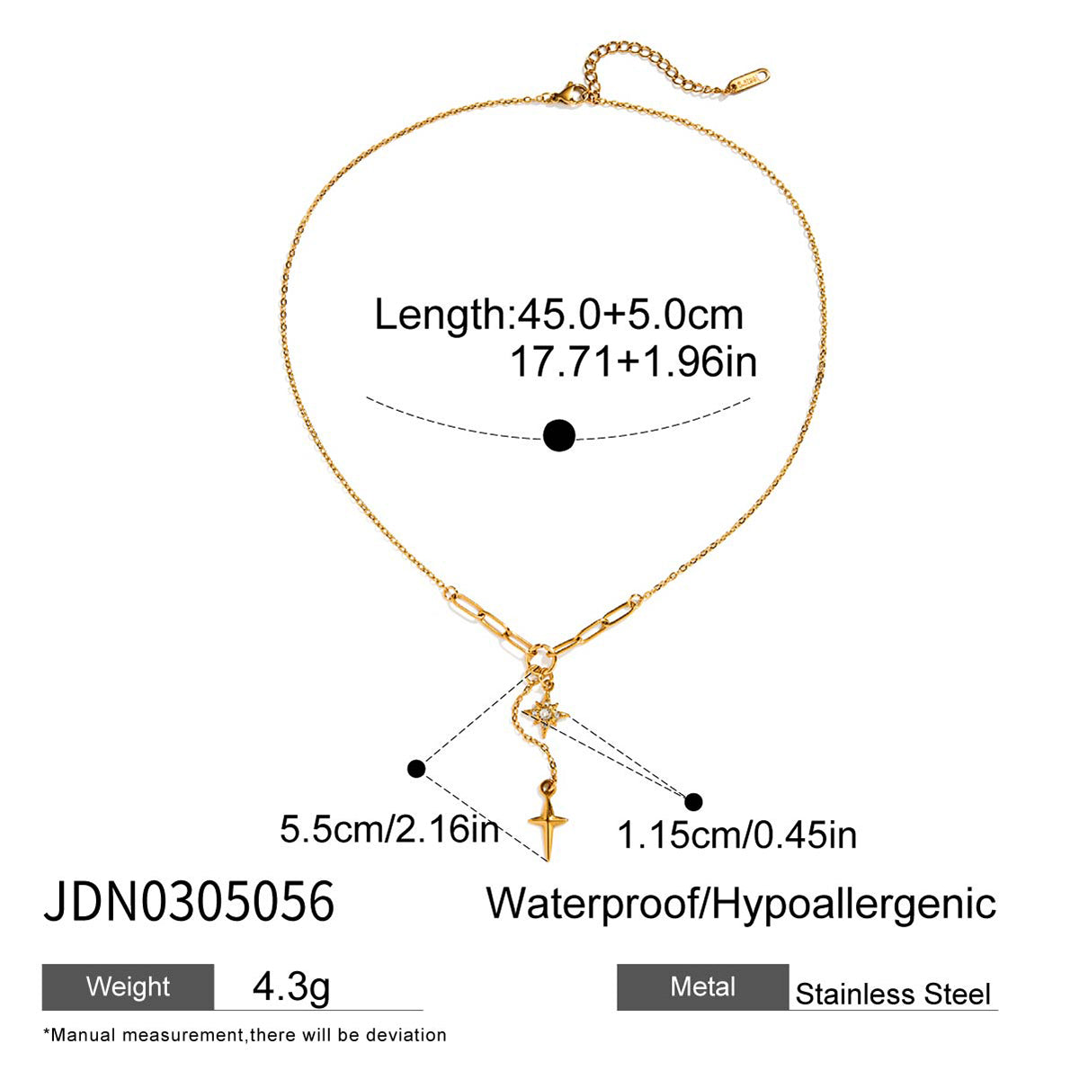 J&D Jewelry Stainless Steel North Star Necklace Sparkling Rhinestone Four Pointed Star Y Pendant Jewelry for Women Waterproof